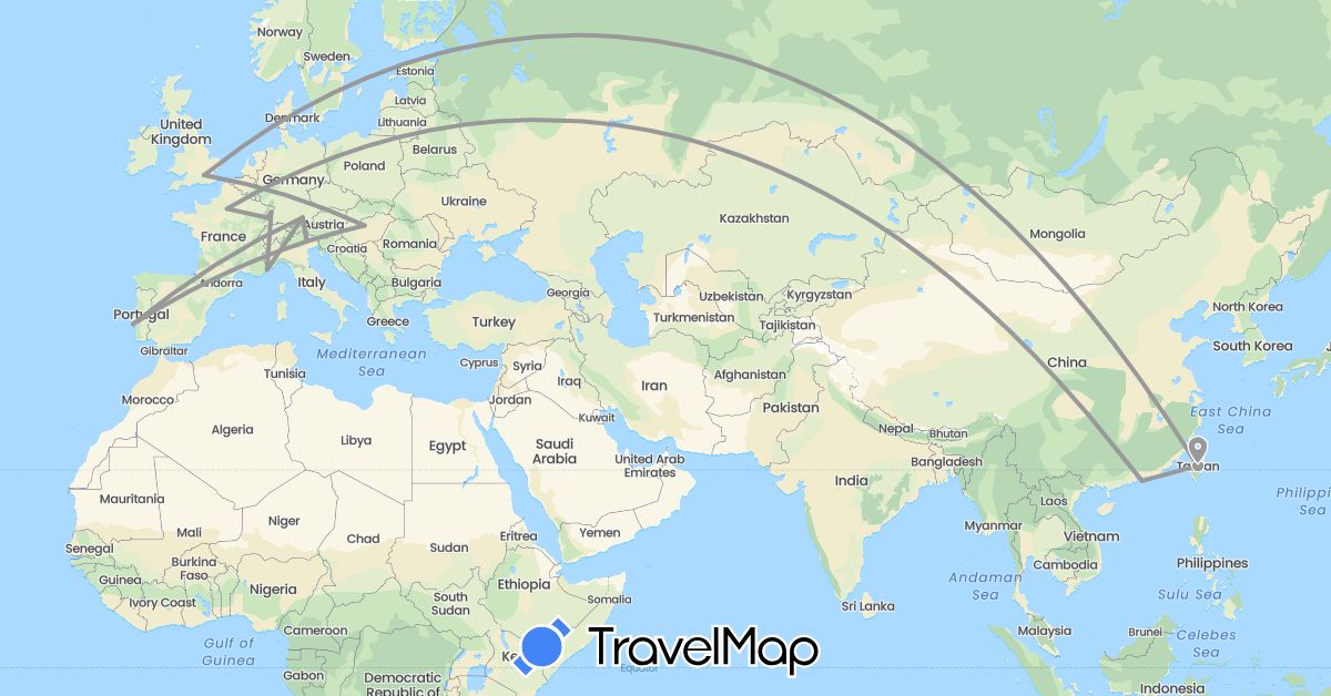 TravelMap itinerary: driving, plane in China, Germany, France, United Kingdom, Hungary, Italy, Portugal, Taiwan (Asia, Europe)